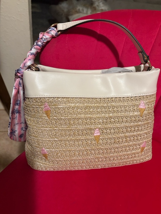 BCBGeneration Handbags - BCBGeneration Cream-Trim Straw Shoulder Bag with Pink Ice Cream Motifs